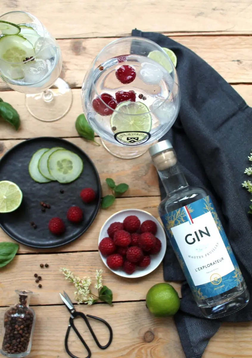 Gin tonic aux framboises préparé avec le dry gin l'Explorateur