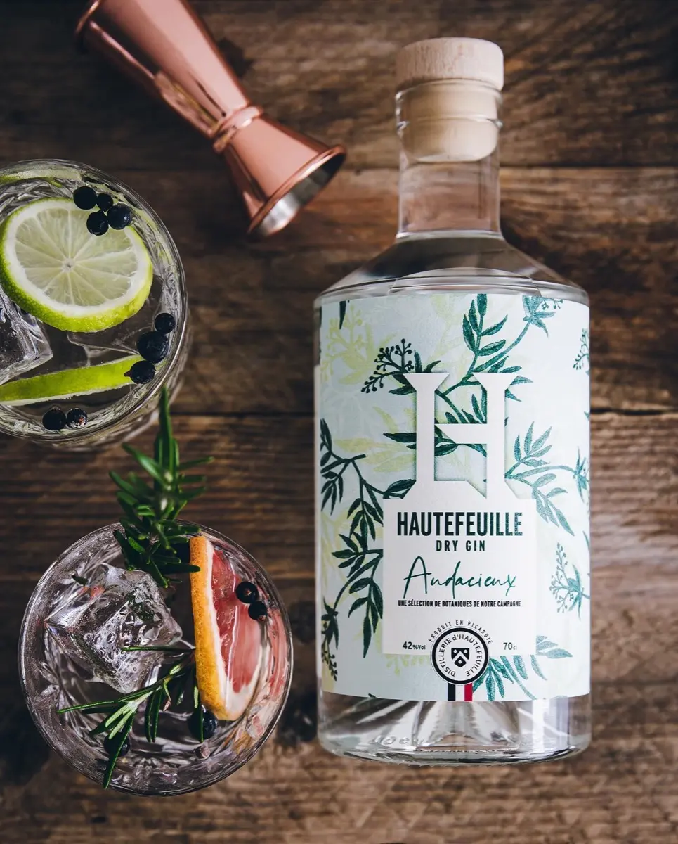 Gin tonic au dry gin l'Audacieux, zeste de citron vert et baies de genièvre