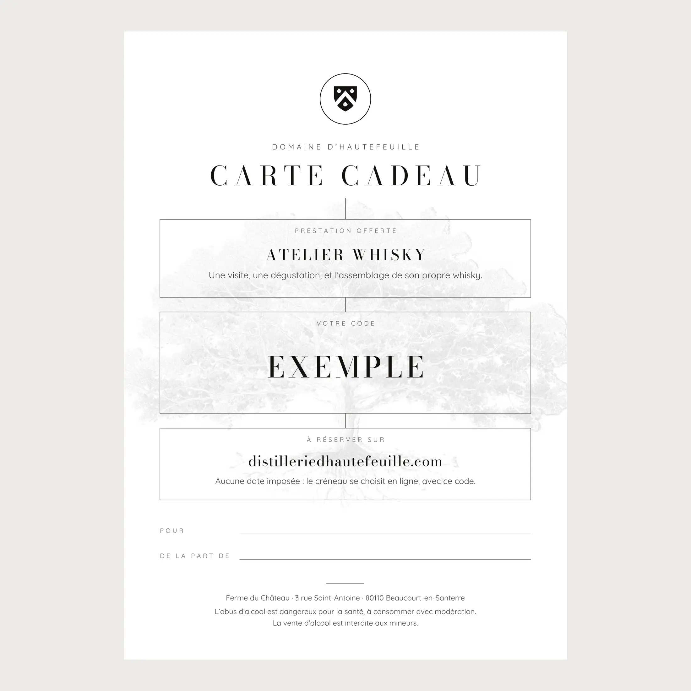 Aperçu de la carte cadeau Atelier whisky à imprimer, avec un code exemple