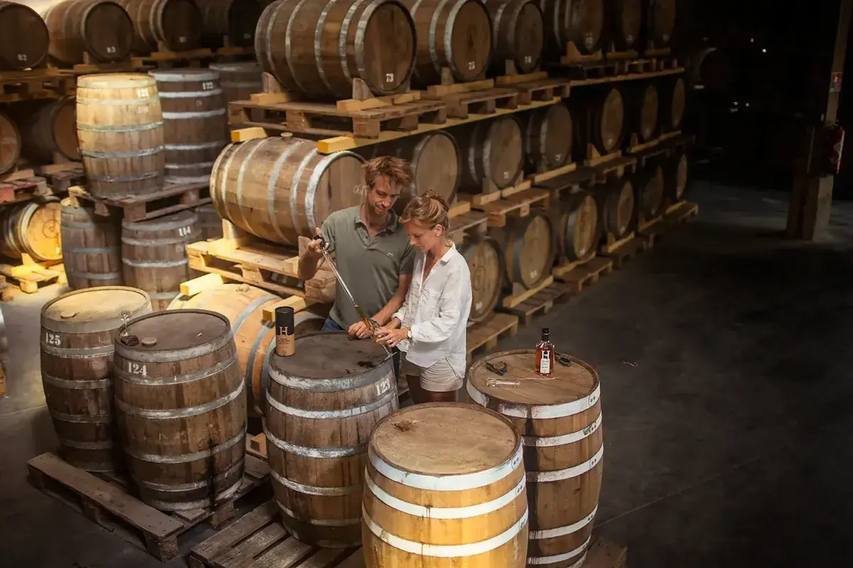 Fûts de chêne manipulés dans le chai de vieillissement de la distillerie