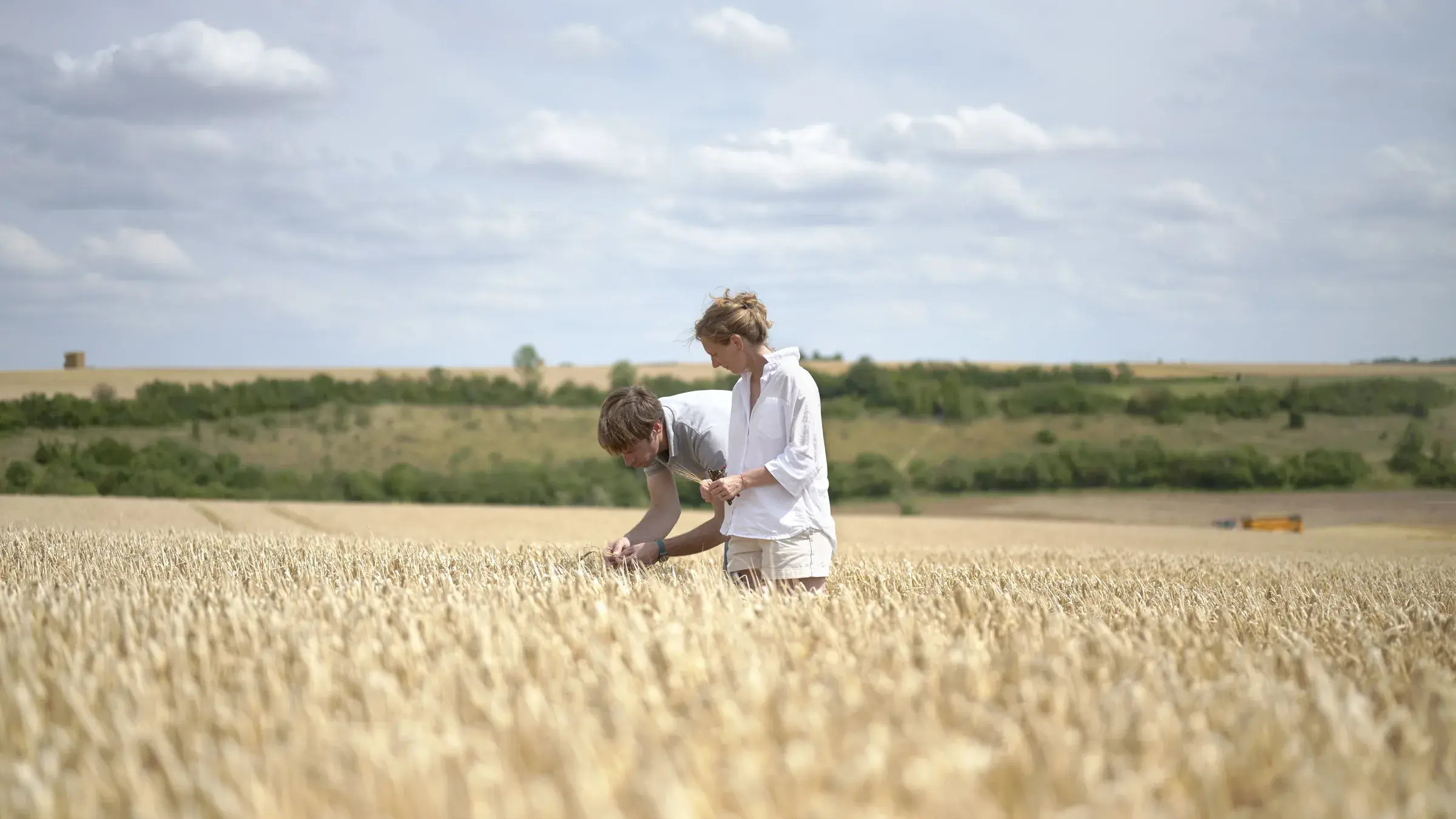 Étienne et Marie-Astrid d’Hautefeuille accroupis dans un champ d’orge mûr, vue large sur la plaine
