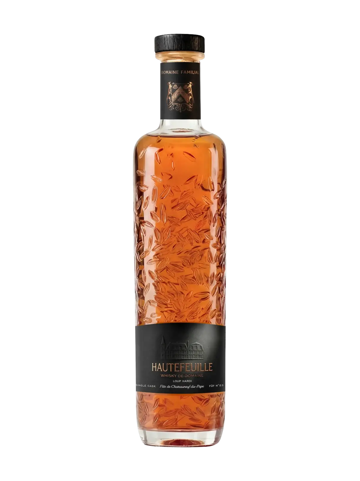 Bouteille du whisky de domaine Loup Hardi, édition limitée, étiquette noire