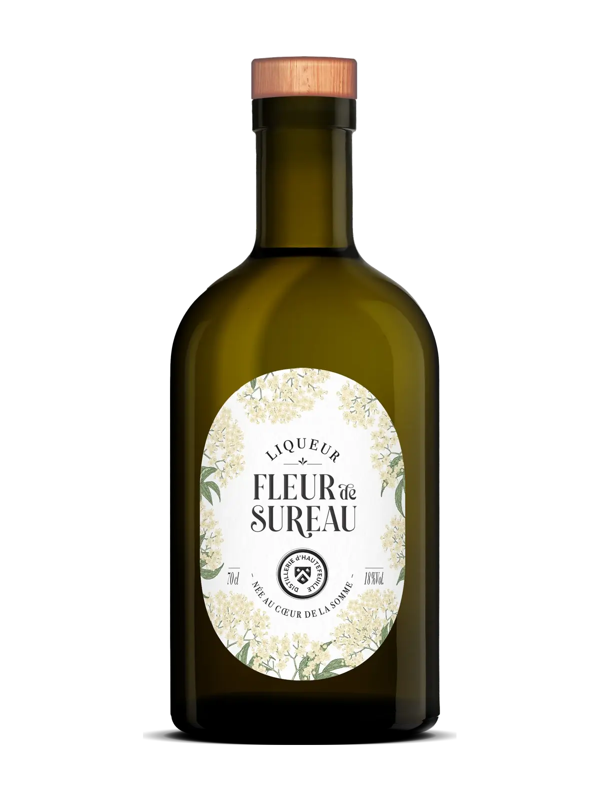 Bouteille de Liqueur Fleur de Sureau, étiquette blanche ornée de fleurs de sureau, 70 cl, 18 % vol.