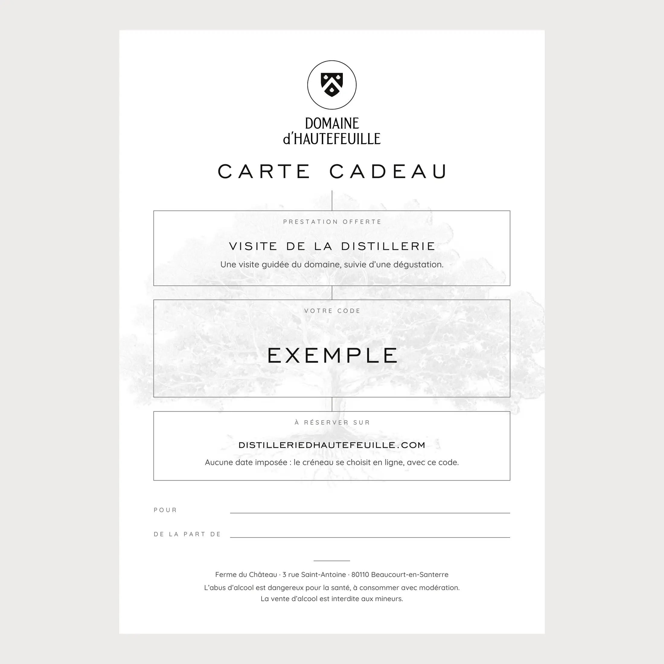 Aperçu de la carte cadeau Visite de la distillerie à imprimer, avec un code exemple