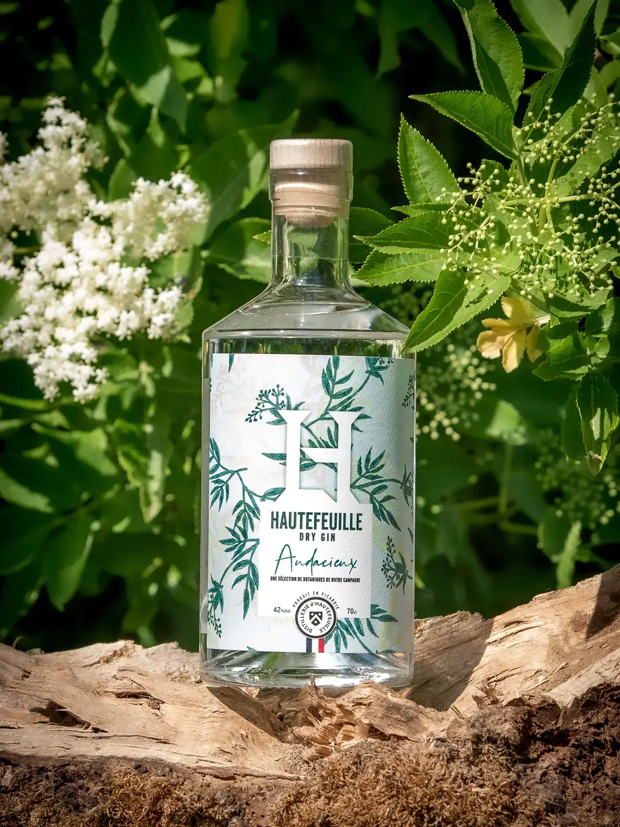 Bouteille de dry gin l'Audacieux du Domaine d'Hautefeuille pour un Gin Martini