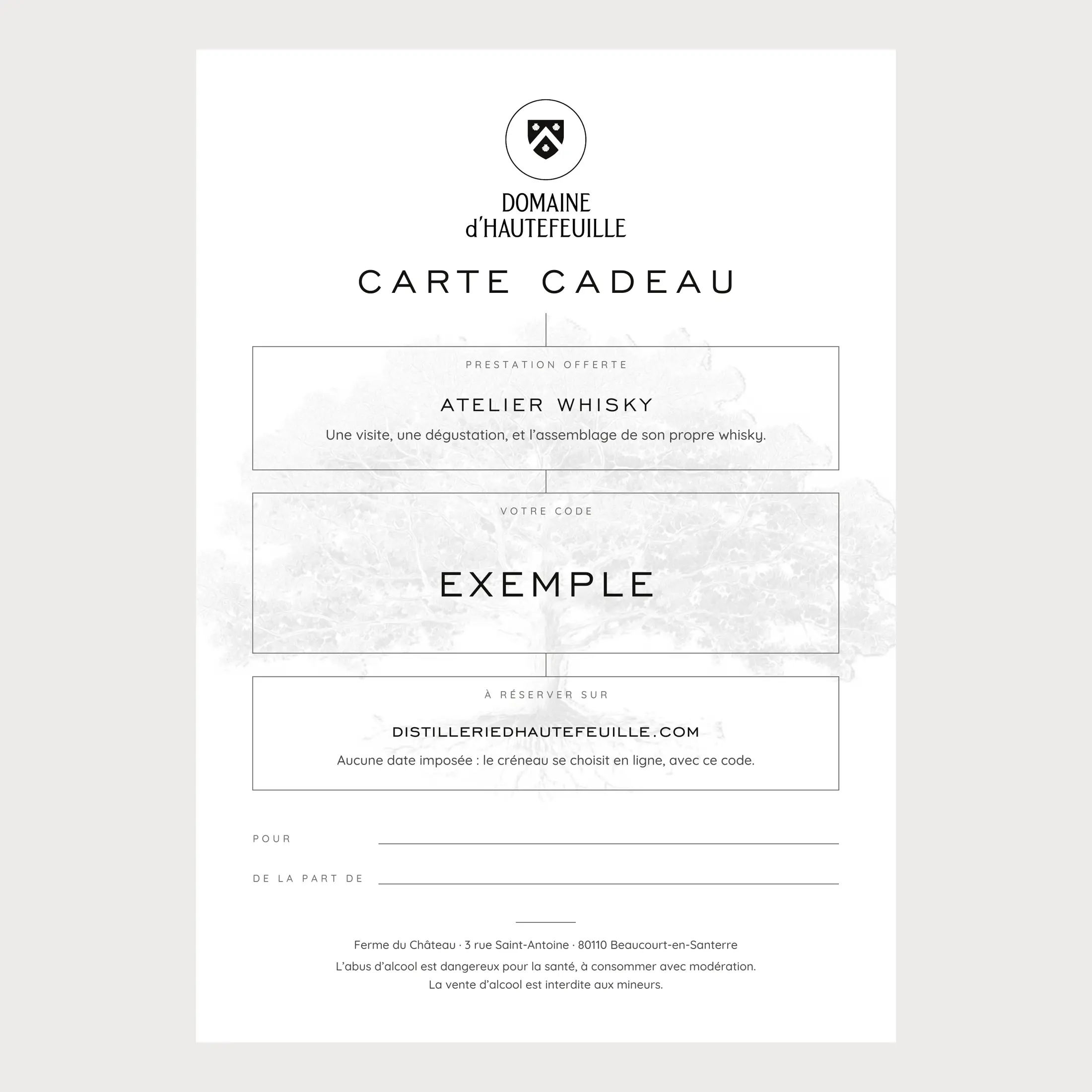 Aperçu de la carte cadeau Atelier whisky à imprimer, avec un code exemple