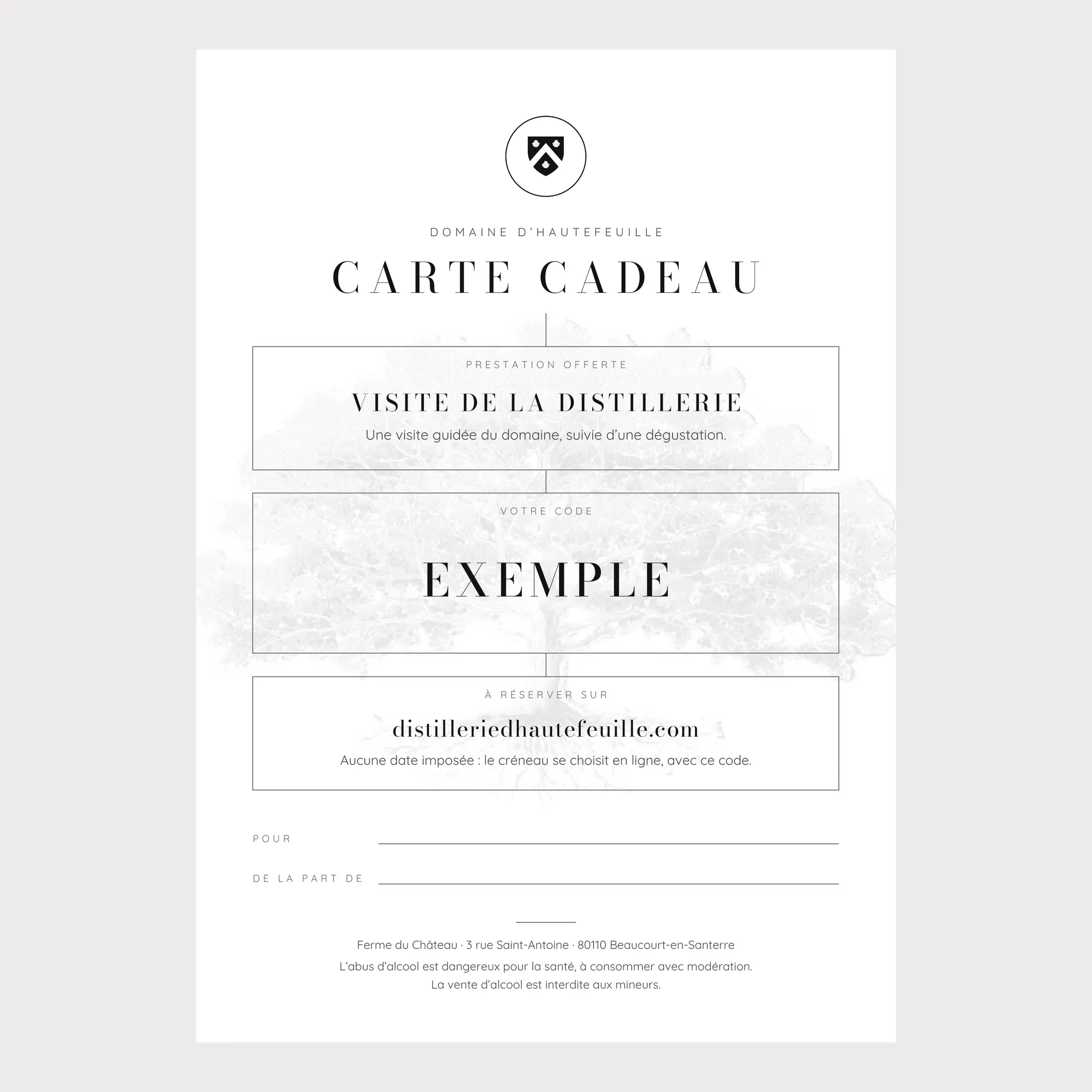 Aperçu de la carte cadeau Visite de la distillerie, avec un code exemple