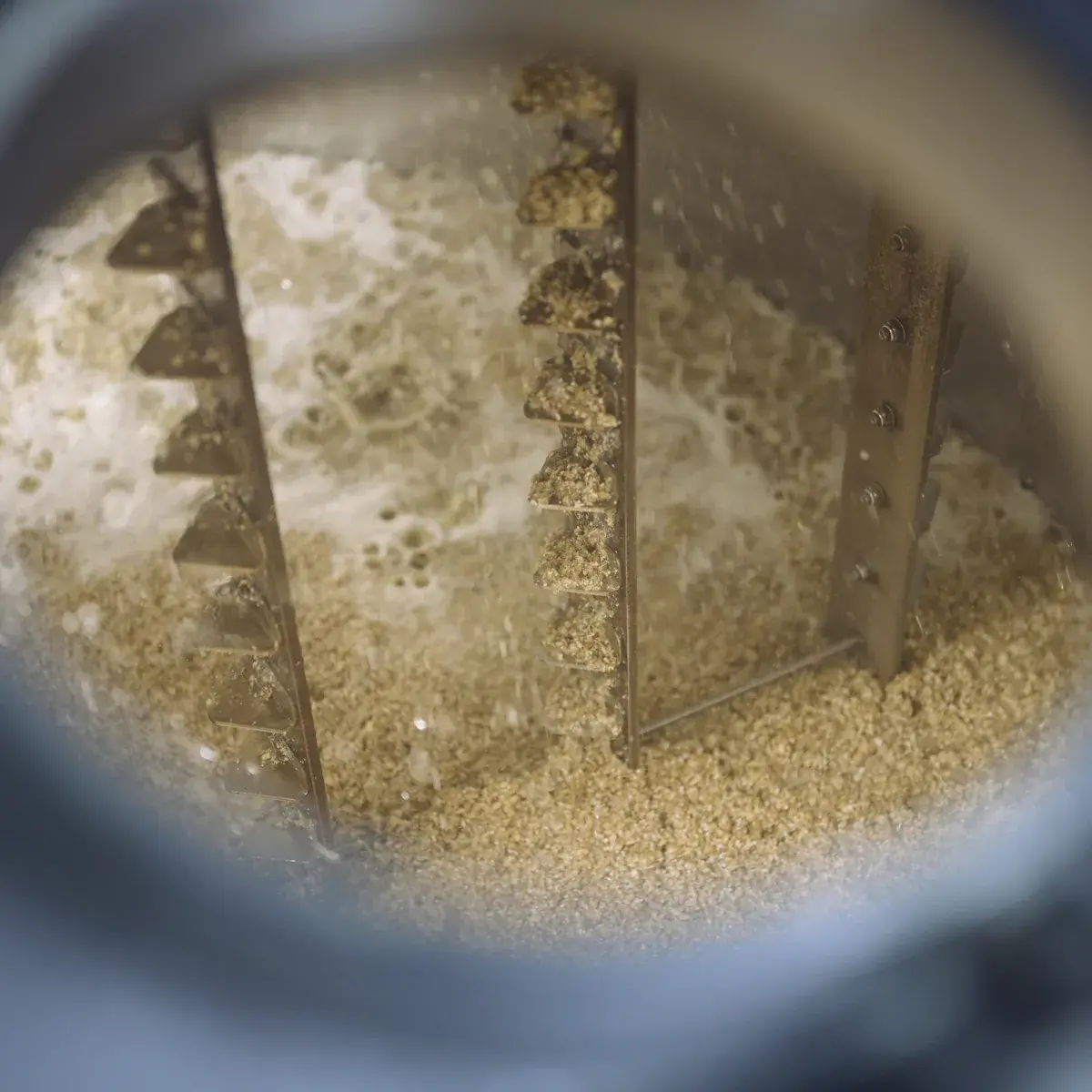 Intérieur de la cuve de brassage, drêche et mousse, tons bruns