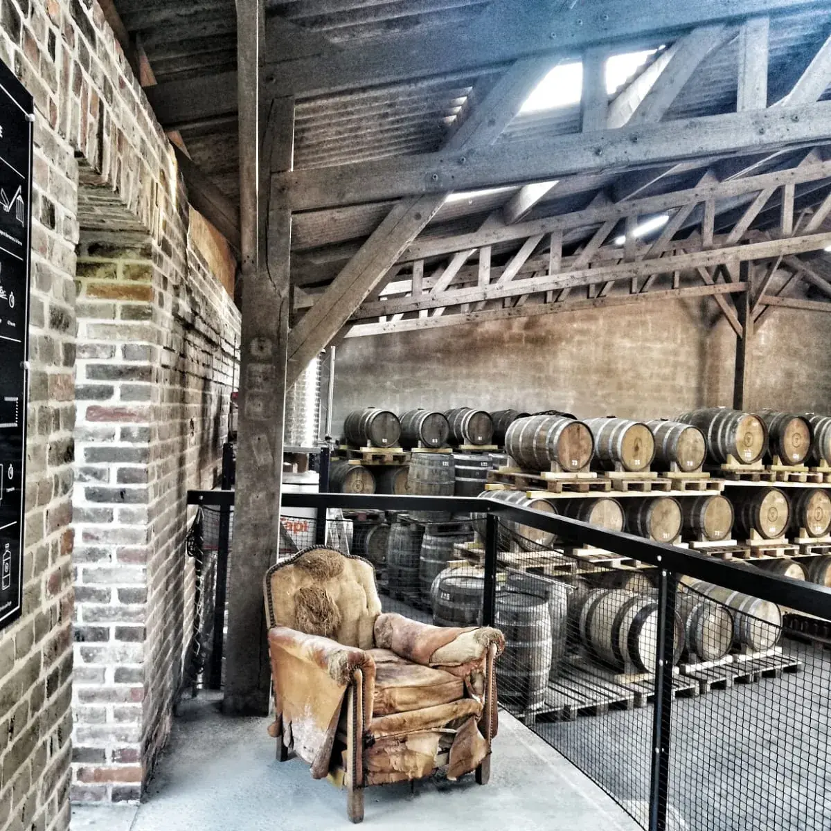 Salon en mezzanine dans le chai : fauteuils en cuir, mur de brique, fûts en contrebas